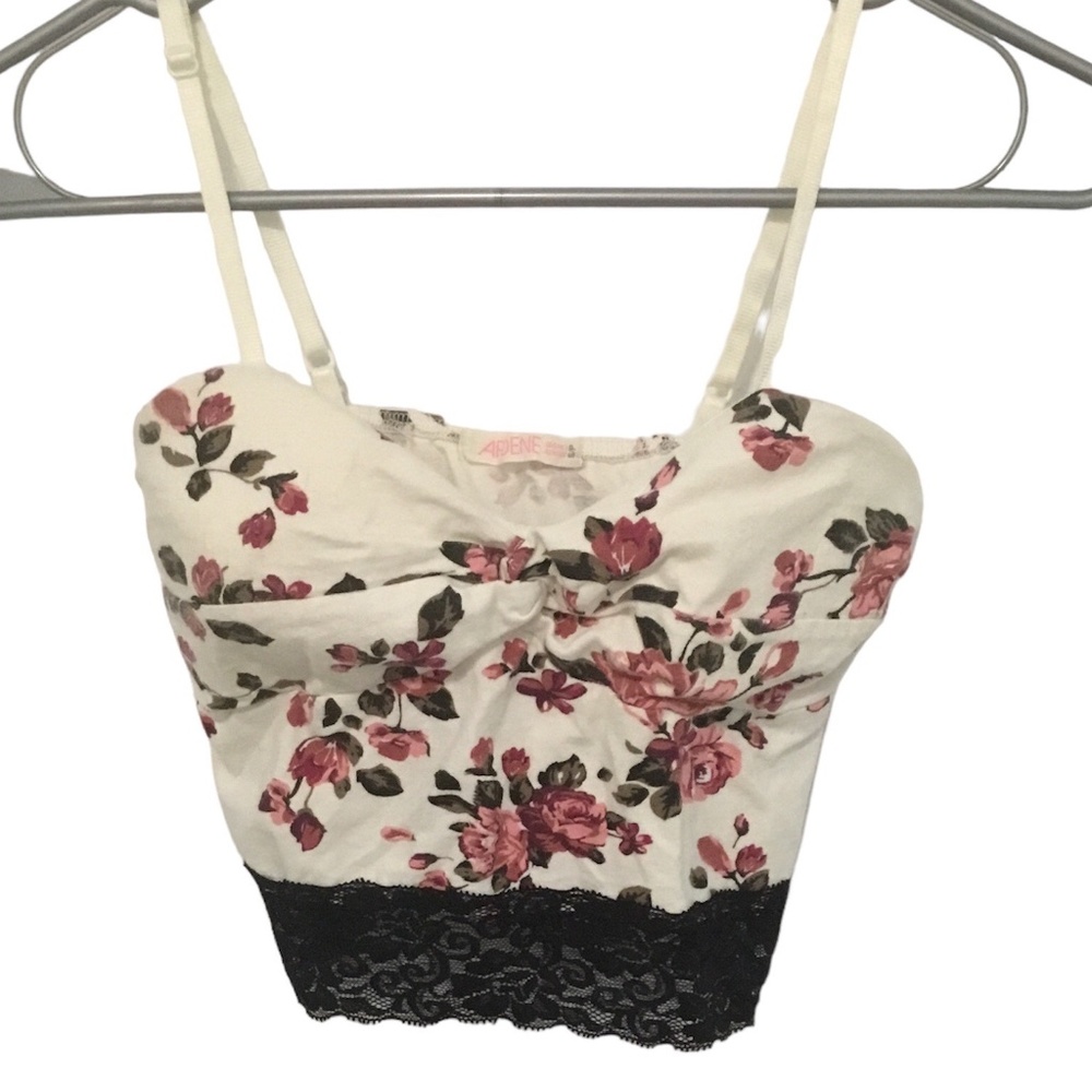 Ardene crop top size small, lace trim, adjustable straps, floral pattern